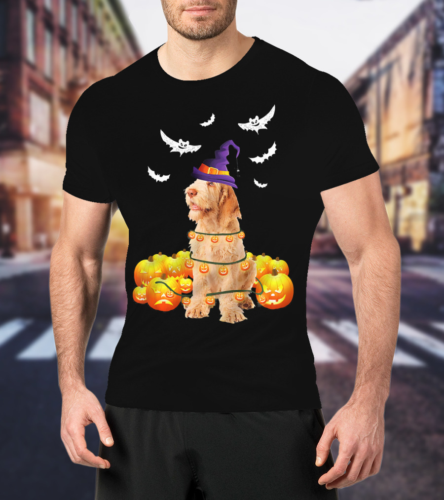 Spinone Italiano Dog Halloween Pumpkin Lights And Bats T-Shirt