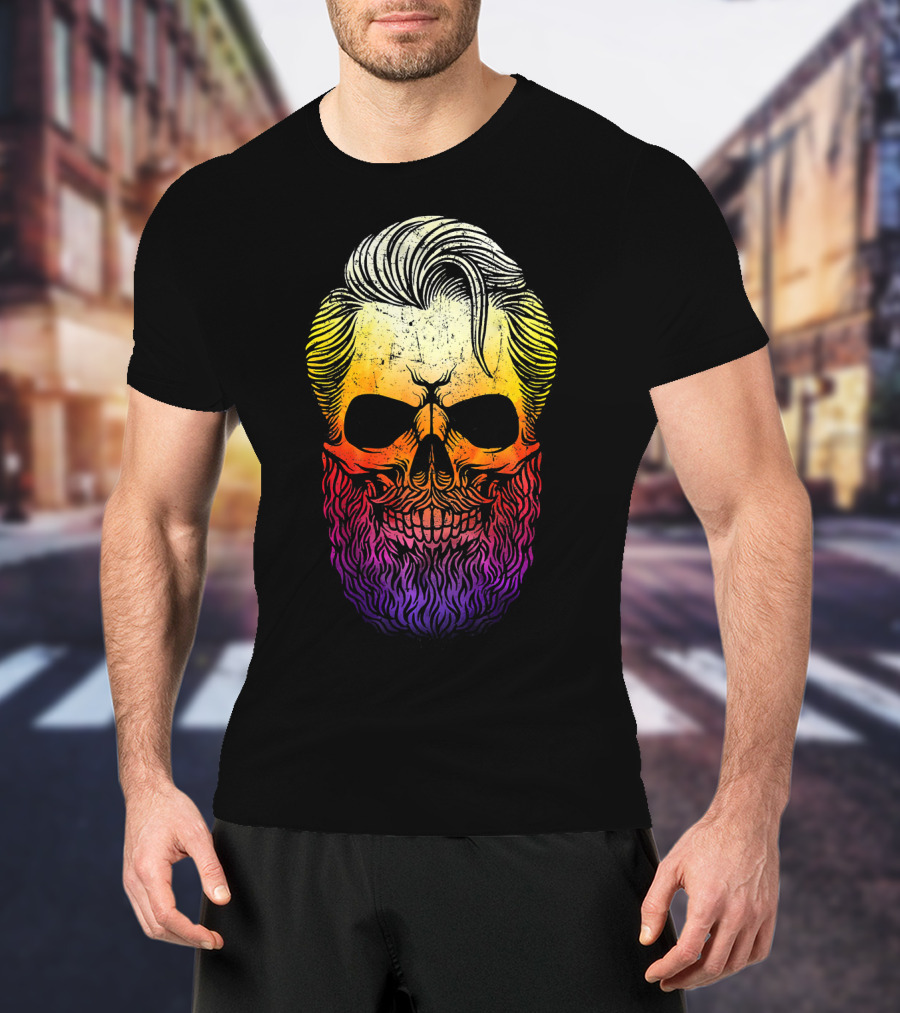 Creepy Bearded Skull With Colorful Gradient For Halloween And Ske T-Shirt