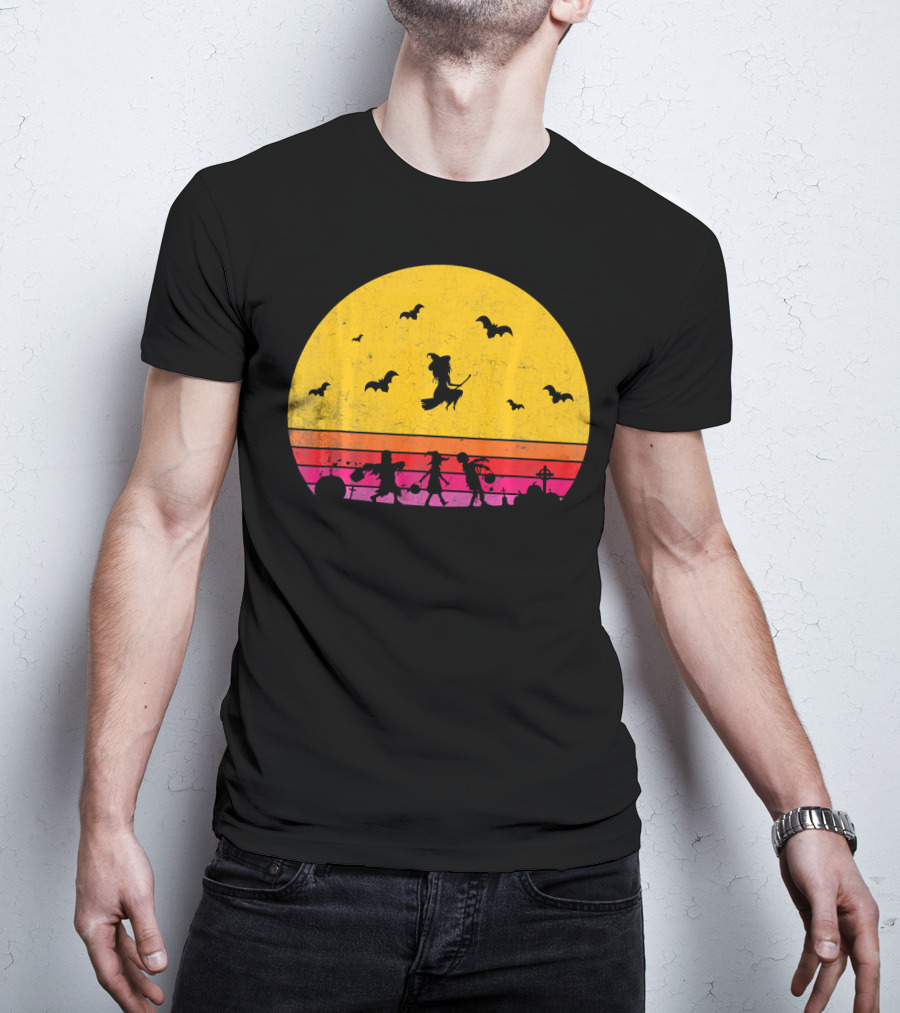 Horror Halloween Sunset Witch Bats Vintage T-Shirt