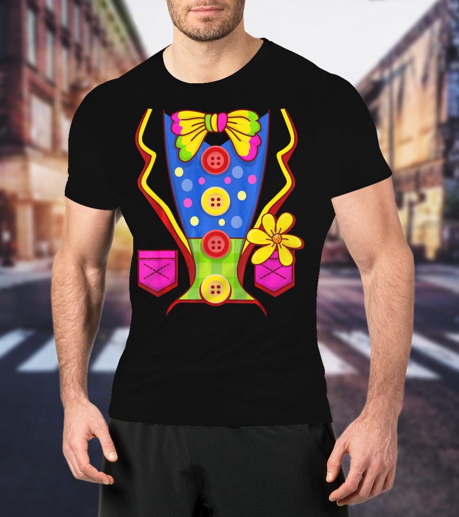 Clown Colorful Bow Tie And Buttons Outfit With Flower Pockets T-Shirt