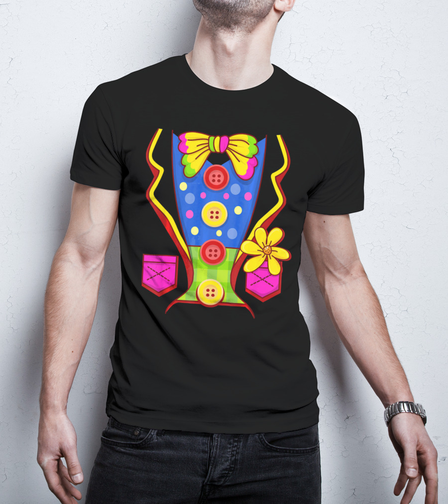 Clown Colorful Bow Tie And Buttons Outfit With Flower Pockets T-Shirt