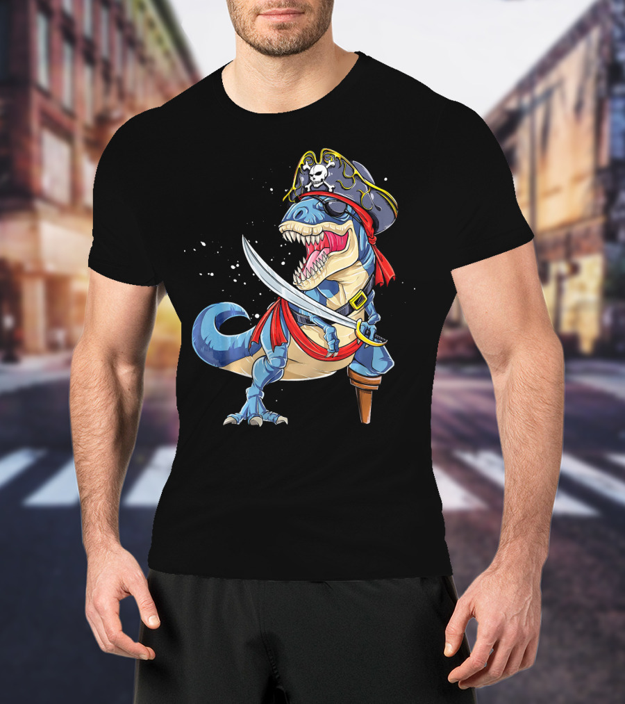 T-Rex Pirate Jolly Roger Dinosaur With Peg Leg And Sword T-Shirt