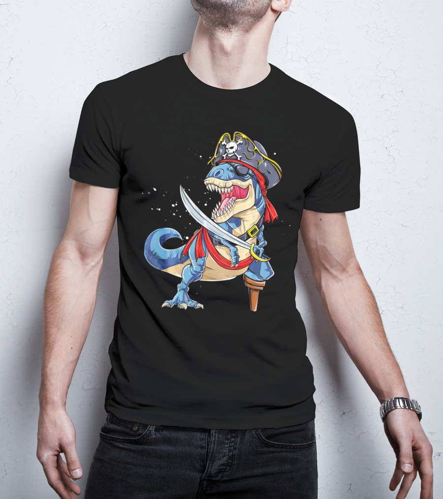 T-Rex Pirate Jolly Roger Dinosaur With Peg Leg And Sword T-Shirt