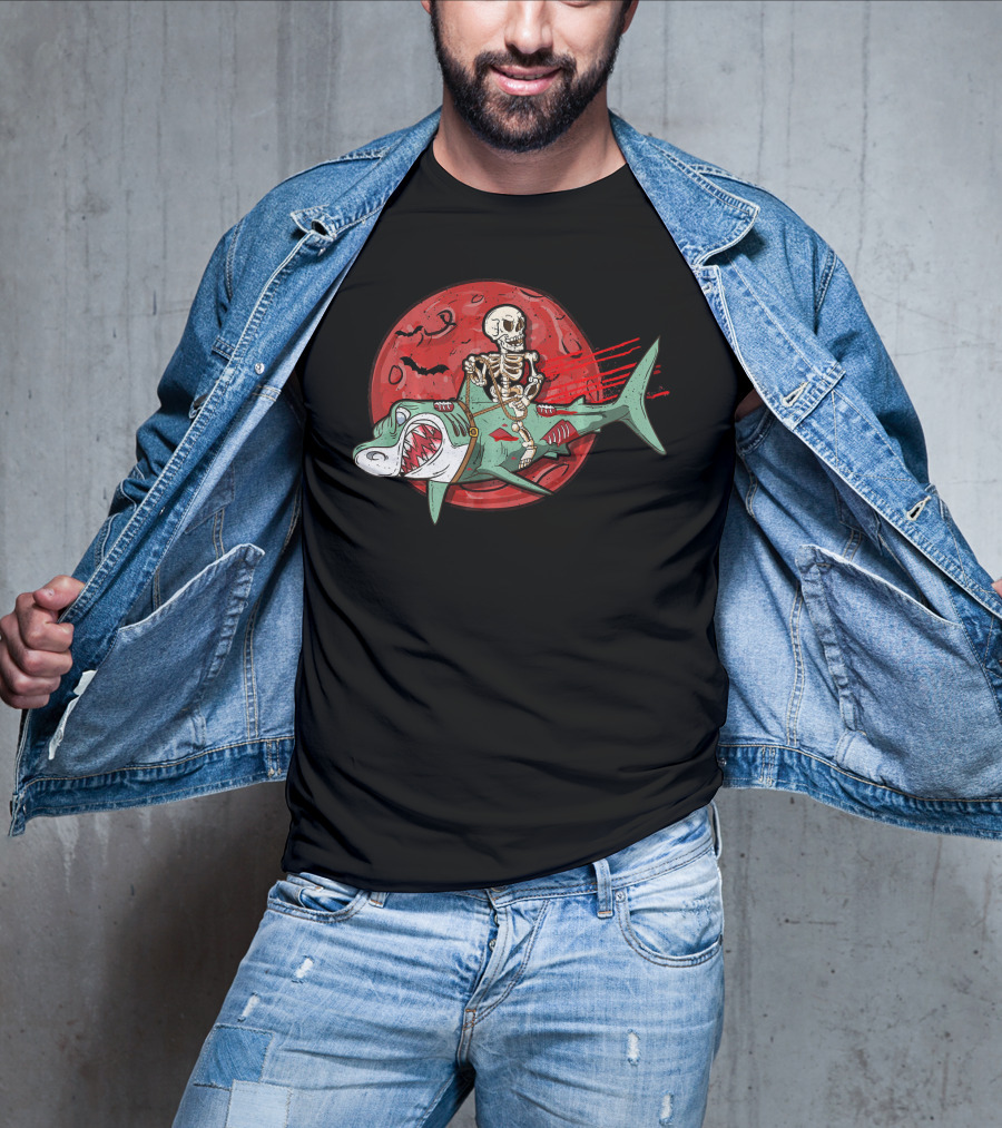 Skeleton Riding Shark Zombie With Red Moon And Bats T-Shirt