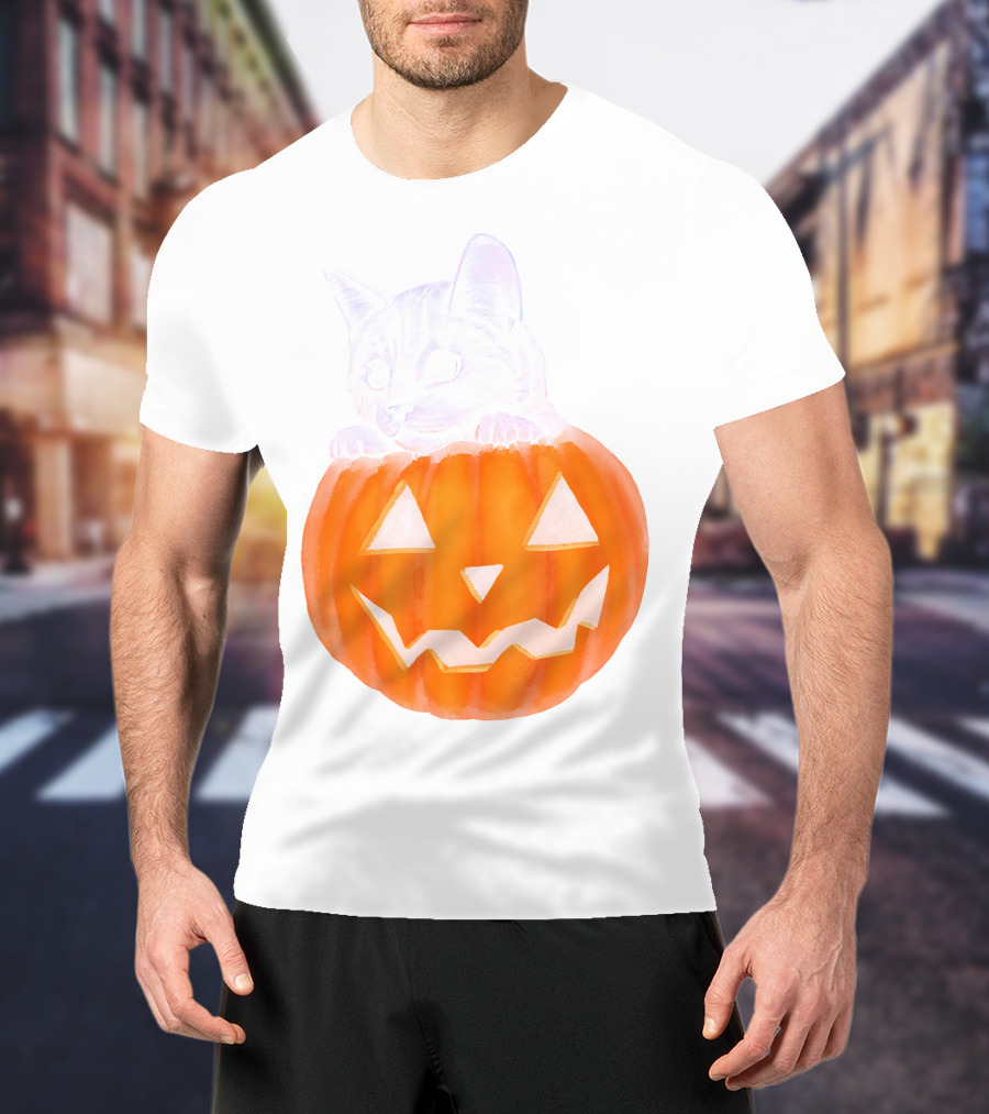 Kitten Peeking From Jack-O'-Lantern Pumpkin Halloween T-Shirt