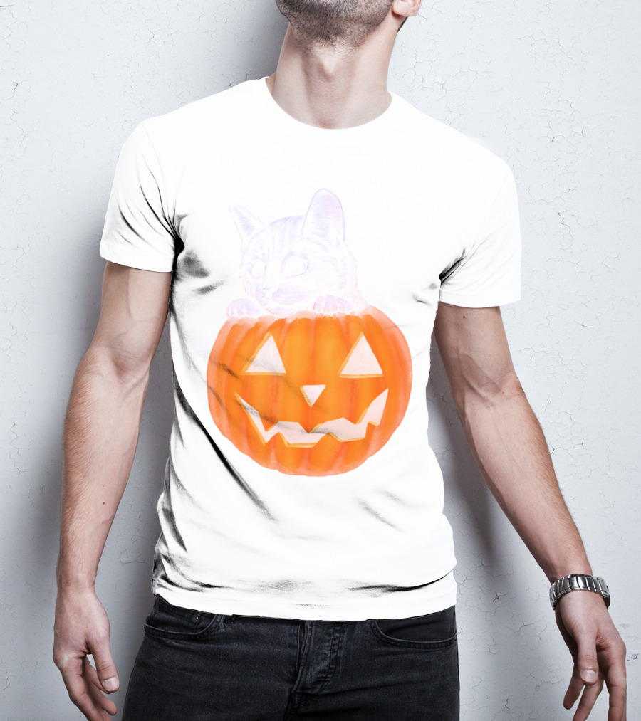 Kitten Peeking From Jack-O'-Lantern Pumpkin Halloween T-Shirt