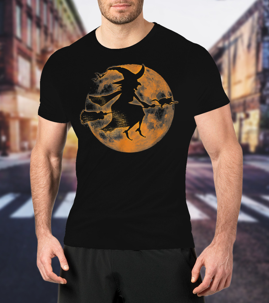 Halloween Spooky Witch And Cat On Broomstick Full Moon Scene T-Shirt
