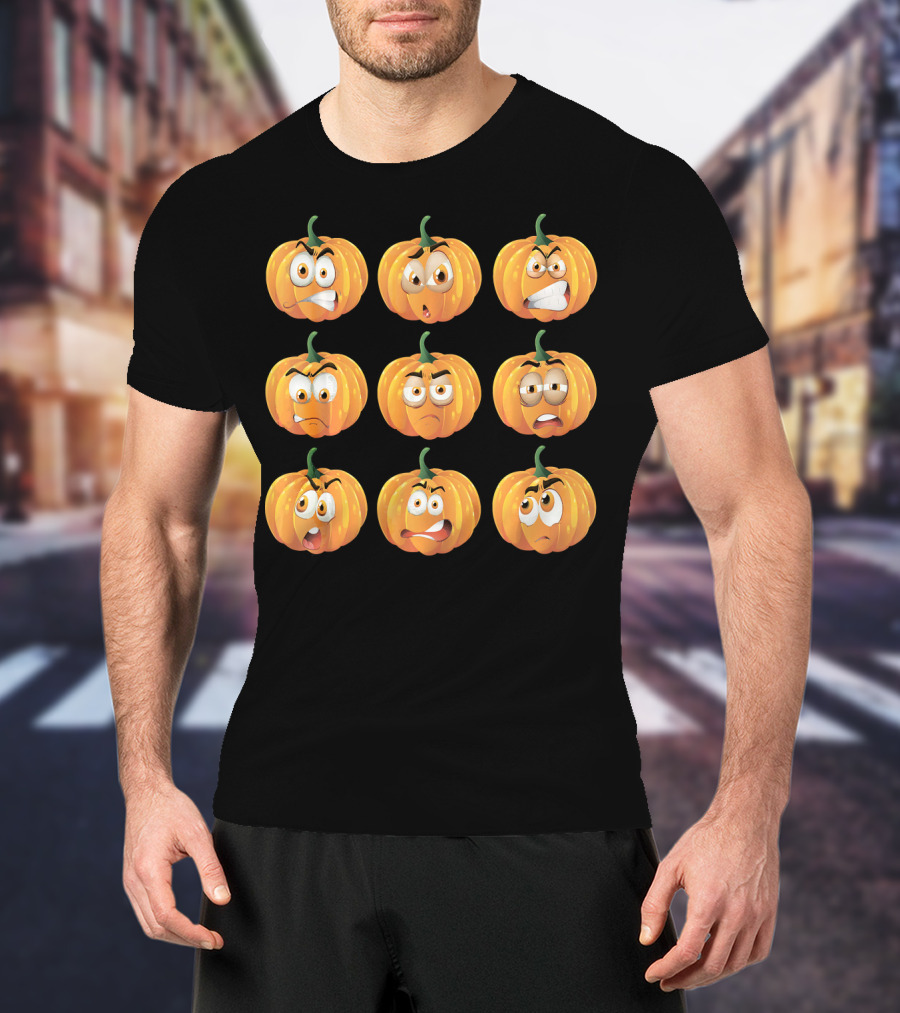 Pumpkin Emoji Faces Expressions Grid T-Shirt