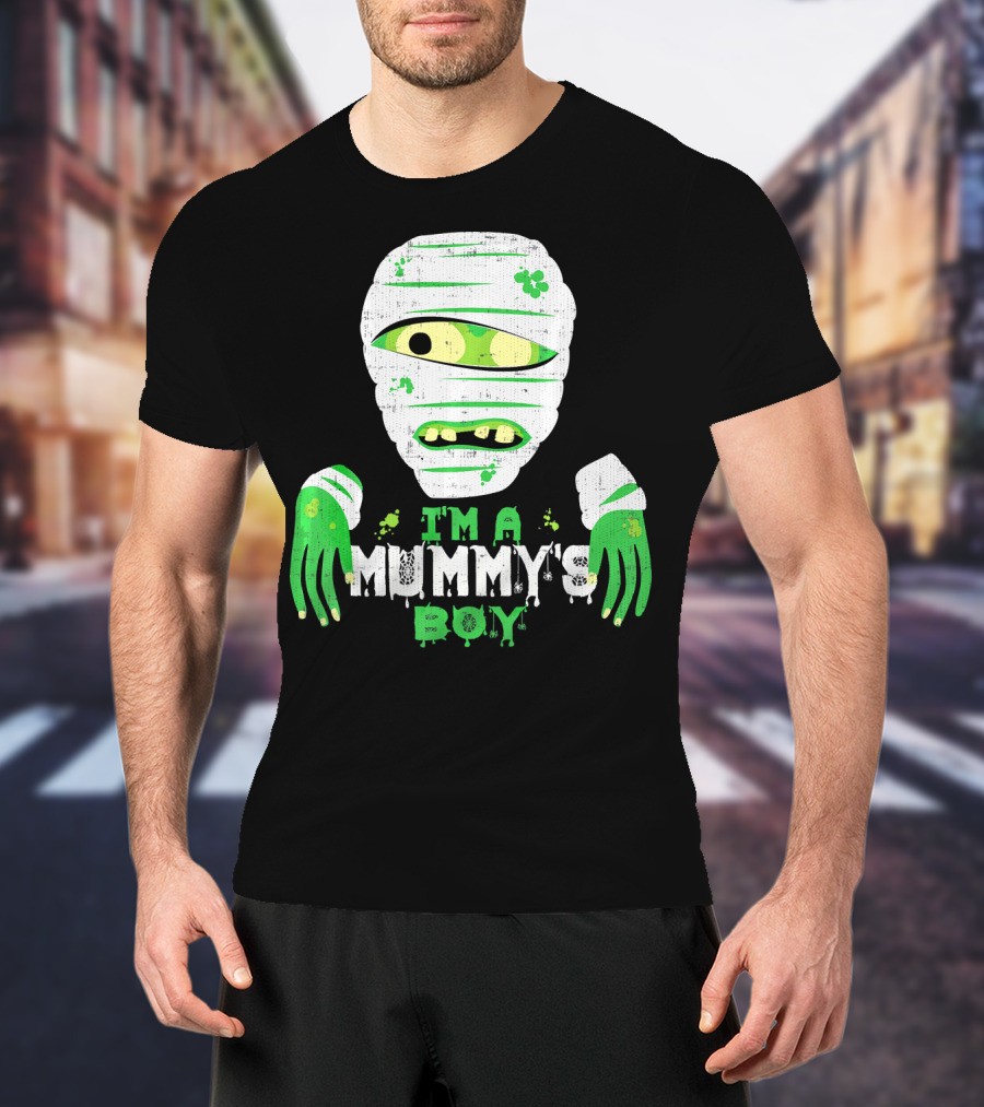 Creepy I'm A Mummy's Boy Green Cartoon Mummy Face And Hands T-Shirt