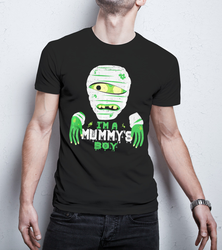 Creepy I'm A Mummy's Boy Green Cartoon Mummy Face And Hands T-Shirt