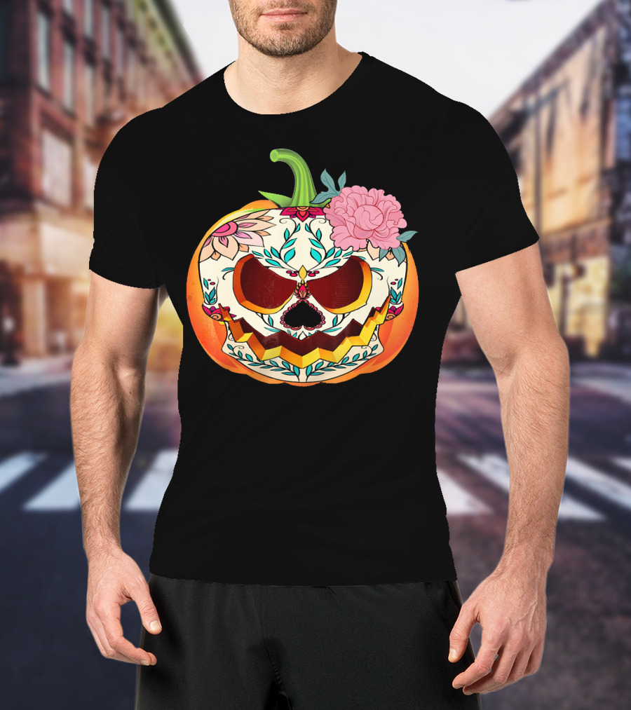 Day Of The Dead Pumpkin Sugar Skull With Floral T-Shirt