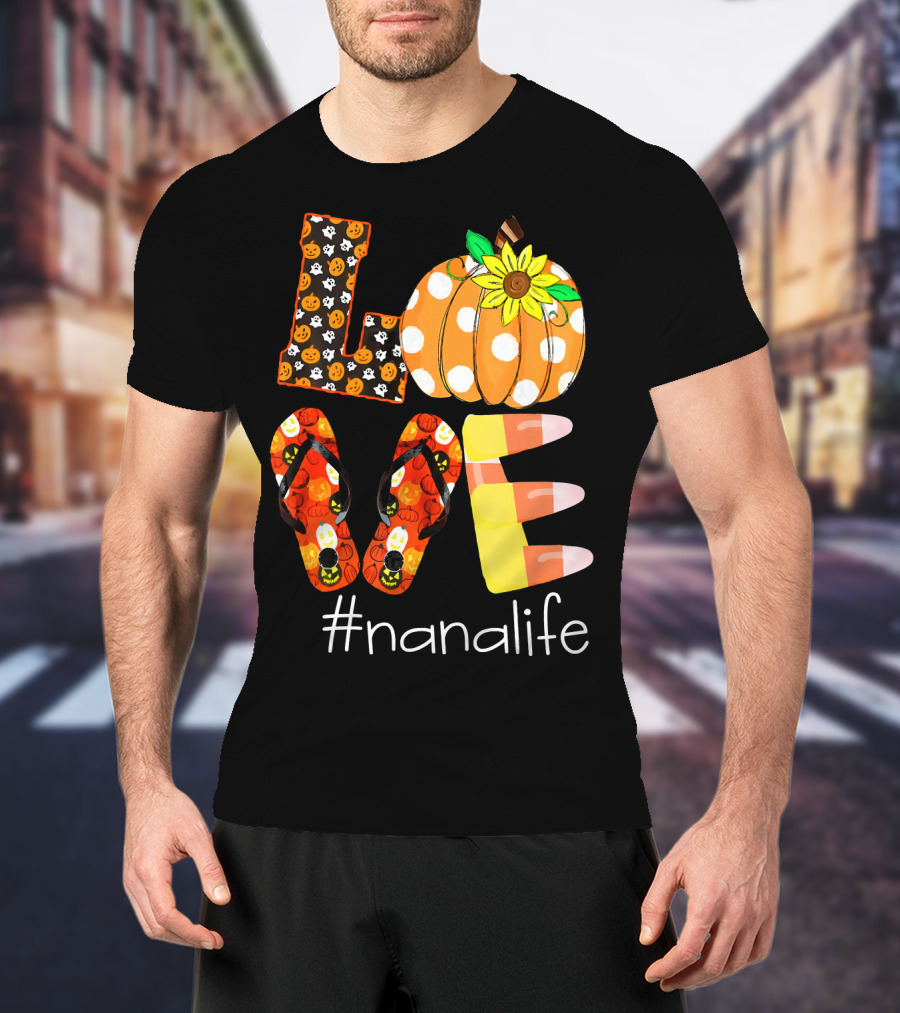 Nanalife Funny Love Pumpkin Flip Flops Halloween Candy Corn And Sunflower T-Shirt