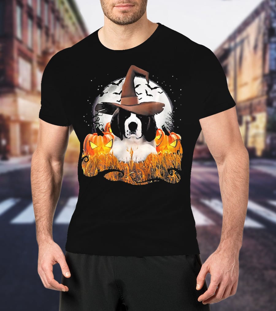 Cute Saint Bernard Dog Witch With Pumpkins And Full Moon T-Shirt