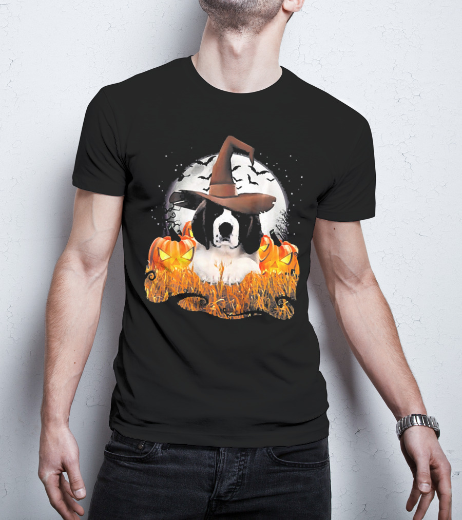 Cute Saint Bernard Dog Witch With Pumpkins And Full Moon T-Shirt
