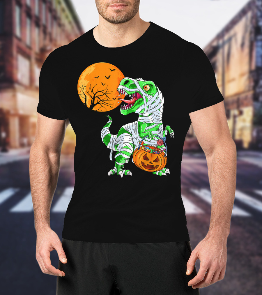 Halloween Mummy T Rex With Pumpkin Candy Under Full Moon T-Shirt