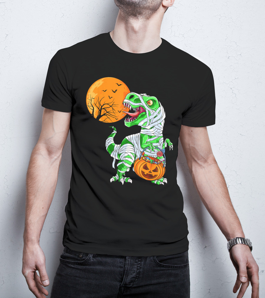 Halloween Mummy T Rex With Pumpkin Candy Under Full Moon T-Shirt