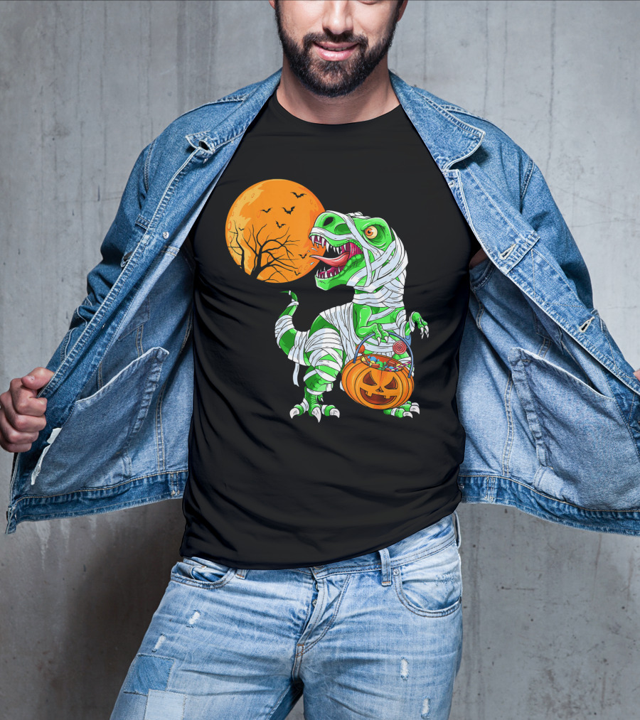 Halloween Mummy T Rex With Pumpkin Candy Under Full Moon T-Shirt