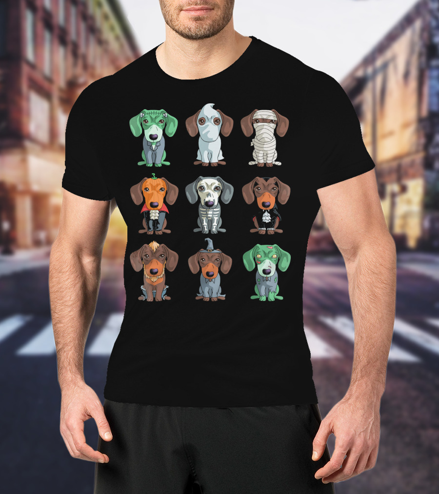 Dachshund Halloween Funny Weiner Frankenstein Ghost Mummy Pumpkin Skeleton Vampire Wizard Zombie Monster T-Shirt