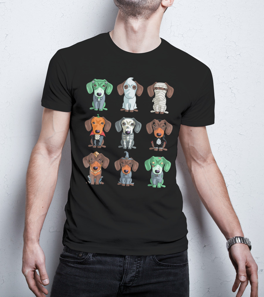 Dachshund Halloween Funny Weiner Frankenstein Ghost Mummy Pumpkin Skeleton Vampire Wizard Zombie Monster T-Shirt