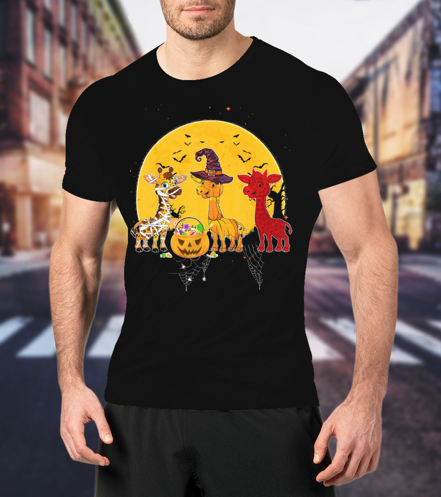 Three Giraffes Halloween Moon Mummy Witch Devil T-Shirt
