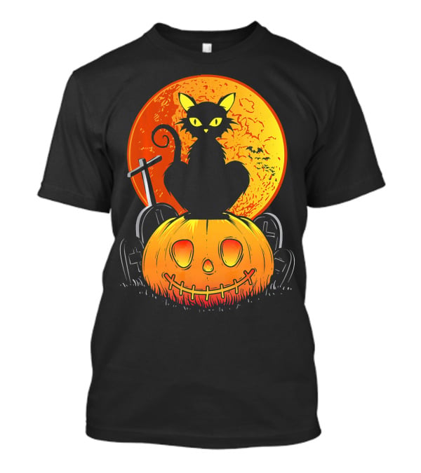 Halloween Black Cat On Pumpkin With Full Moon And Graveyard T-Shirt