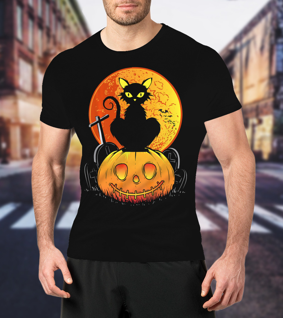 Halloween Black Cat On Pumpkin With Full Moon And Graveyard T-Shirt
