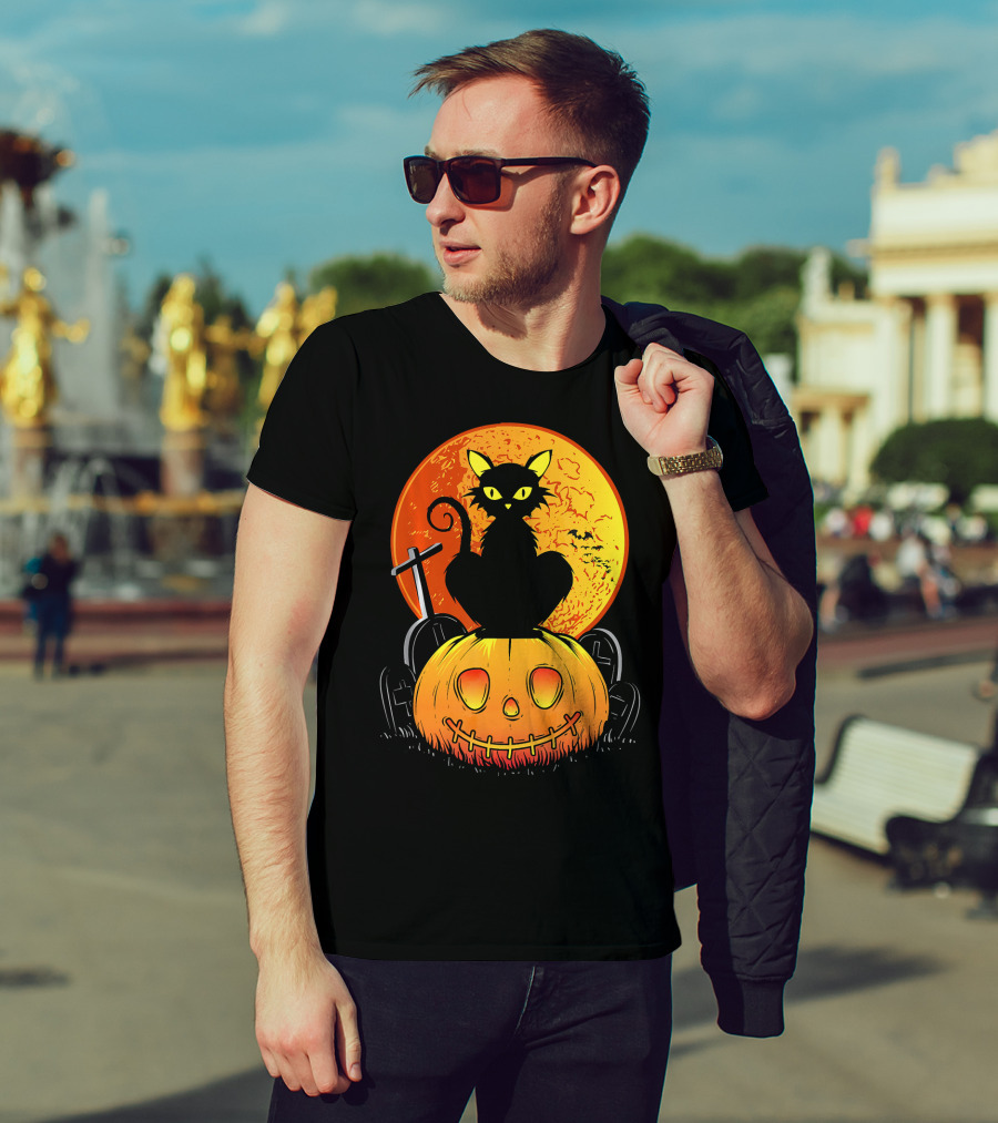 Halloween Black Cat On Pumpkin With Full Moon And Graveyard T-Shirt