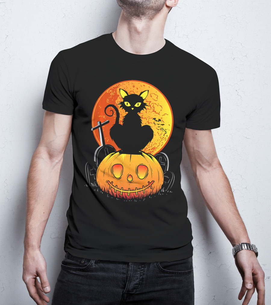 Halloween Black Cat On Pumpkin With Full Moon And Graveyard T-Shirt