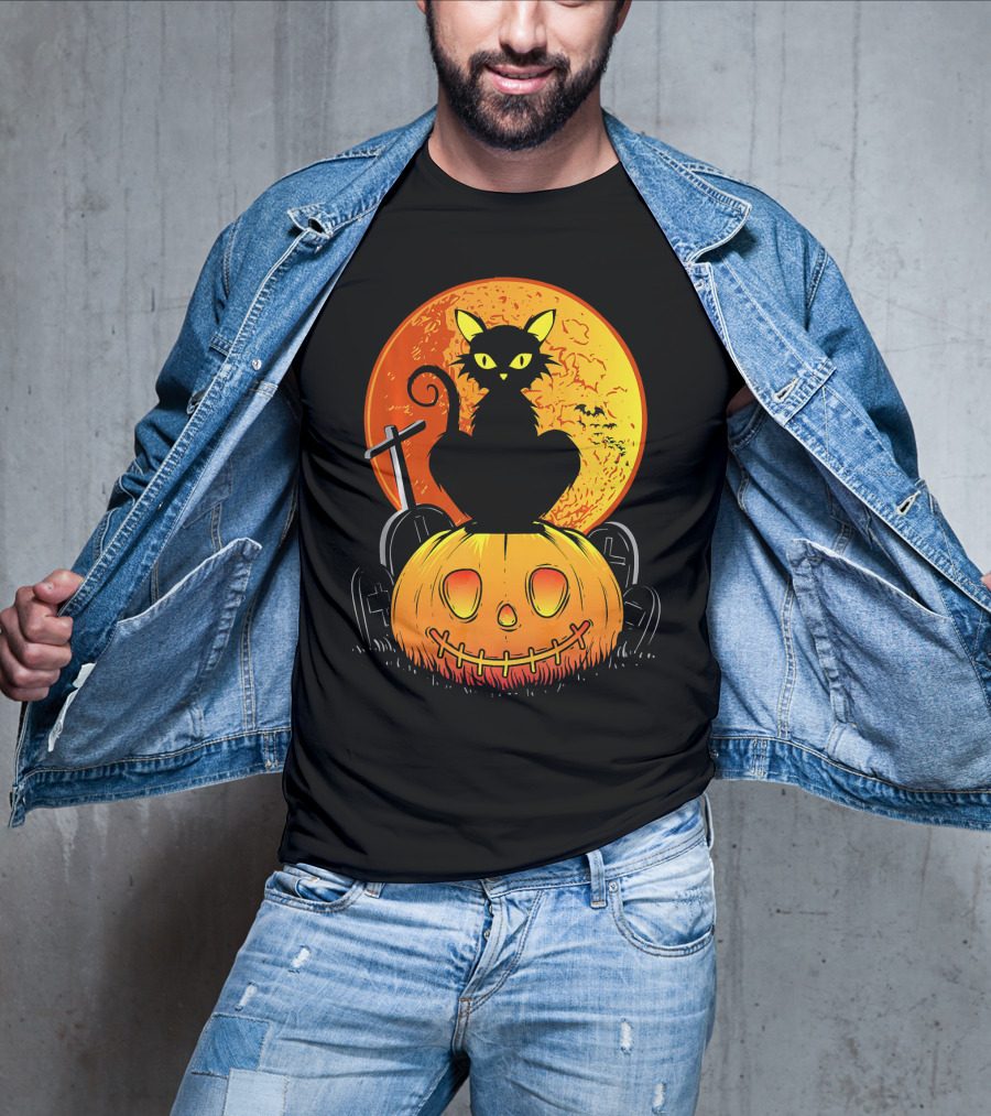 Halloween Black Cat On Pumpkin With Full Moon And Graveyard T-Shirt