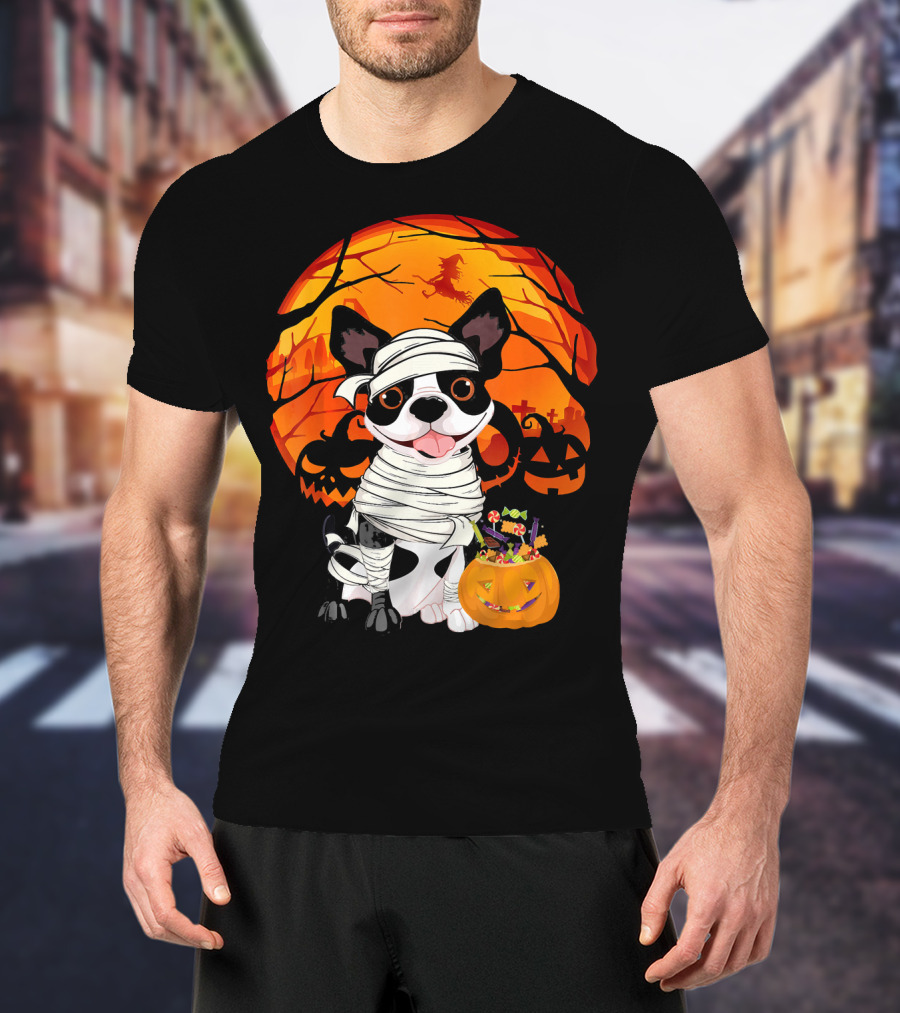 Halloween Kids Boston Terrier Mummy With Pumpkin And Witch T-Shirt