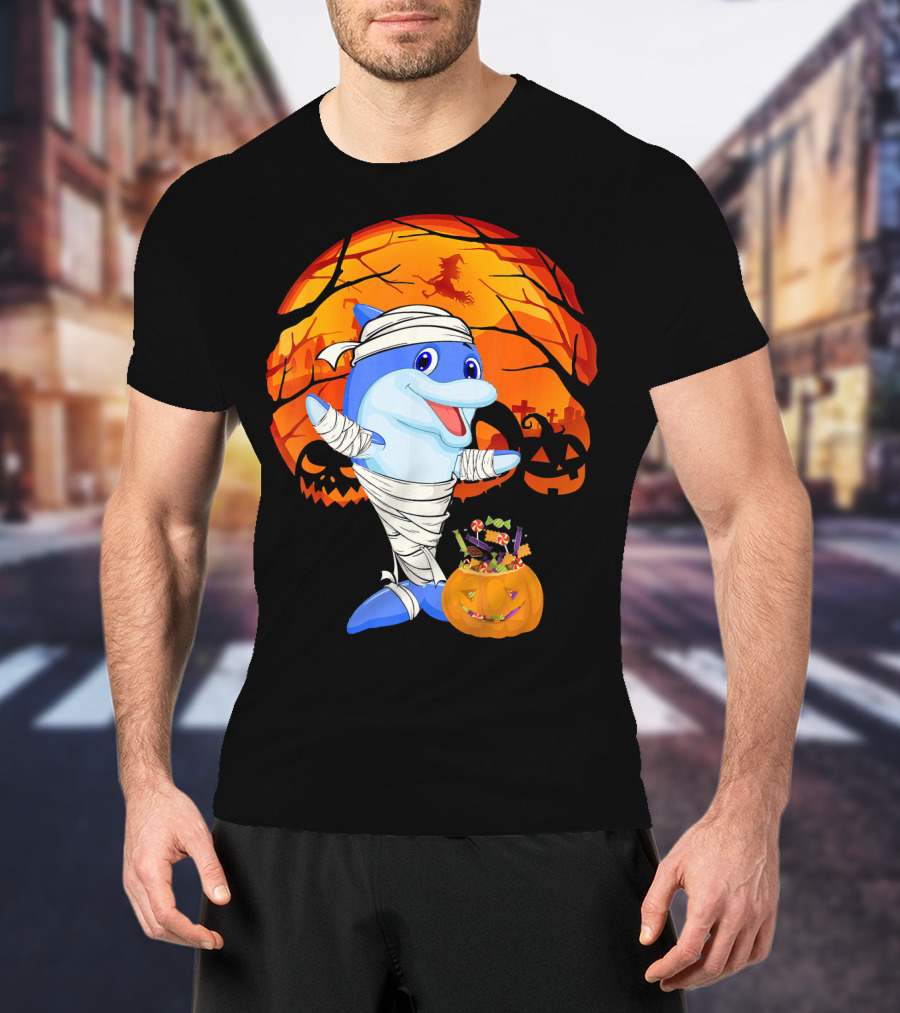 Halloween Dolphin Mummy With Candy Pumpkin And Witch Full Moon T-Shirt