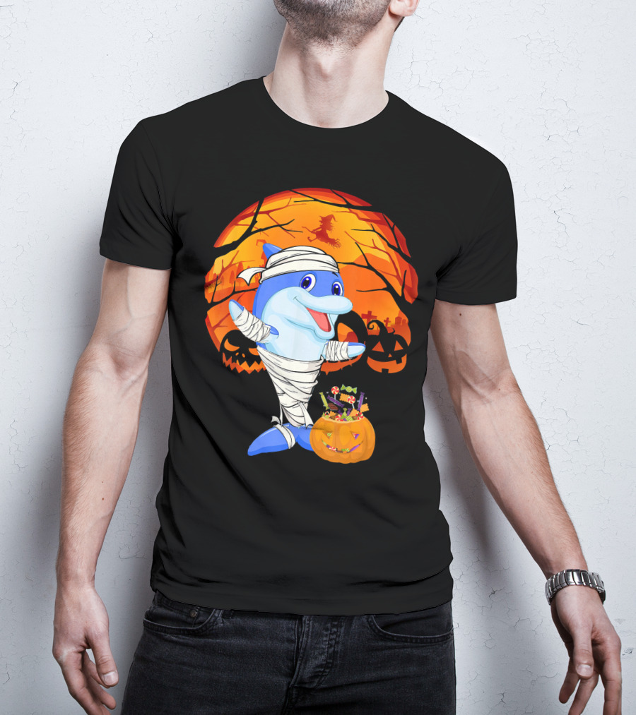 Halloween Dolphin Mummy With Candy Pumpkin And Witch Full Moon T-Shirt