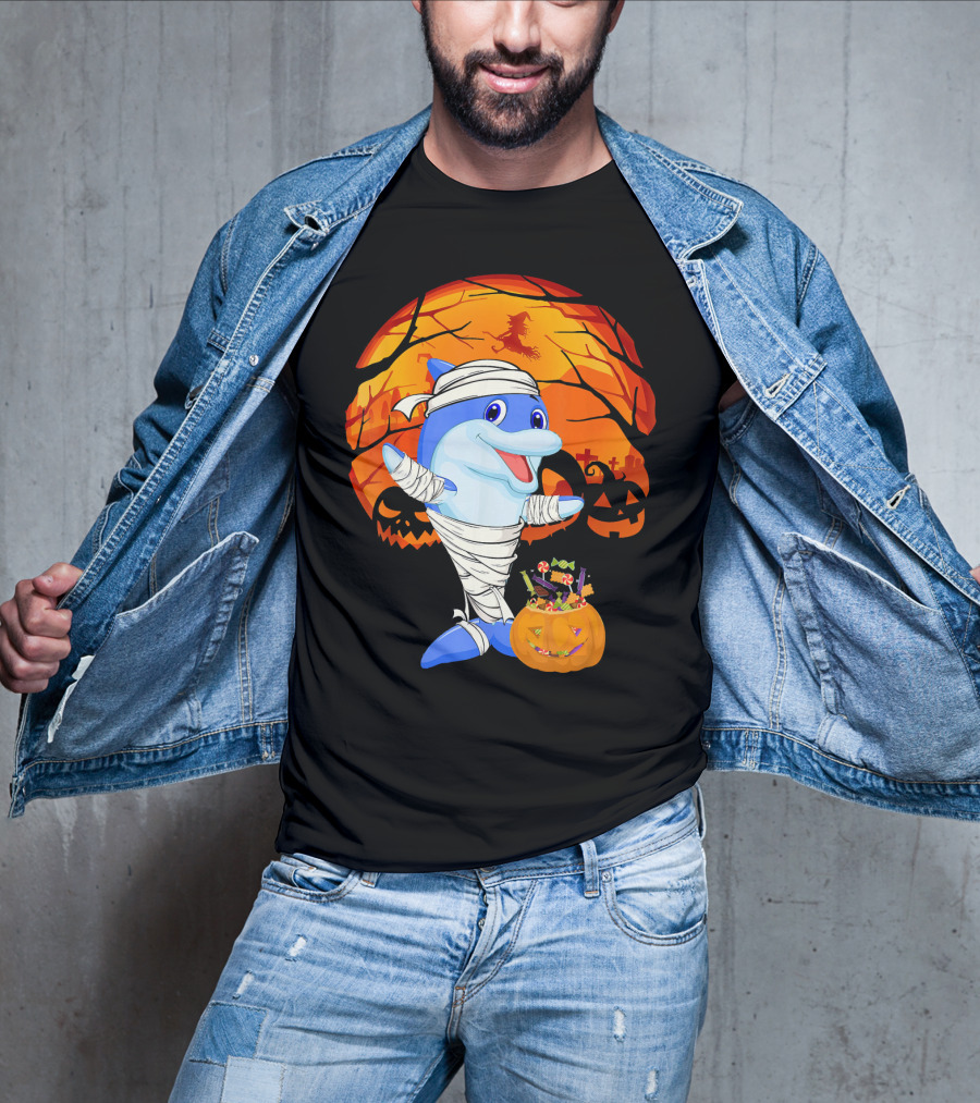 Halloween Dolphin Mummy With Candy Pumpkin And Witch Full Moon T-Shirt