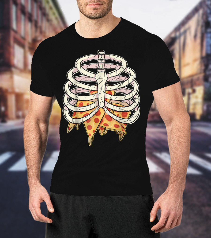 Skeleton Ribcage Pizza Slice Zombie Hall T-Shirt