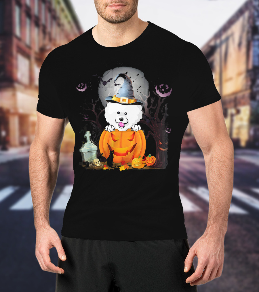 Bichon Frise Dog In Witch Hat With Halloween Pumpkin And Black Cat T-Shirt