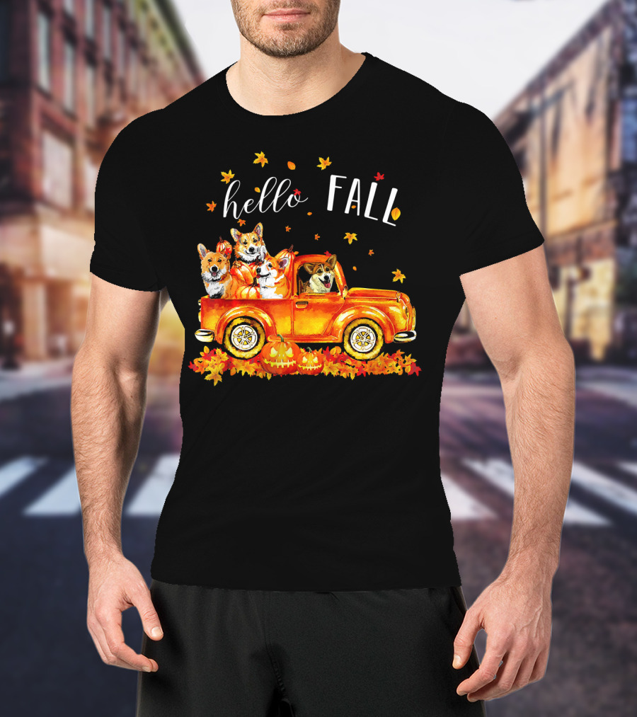 Hello Fall Corgis In Truck With Pumpkins And Leaves T-Shirt