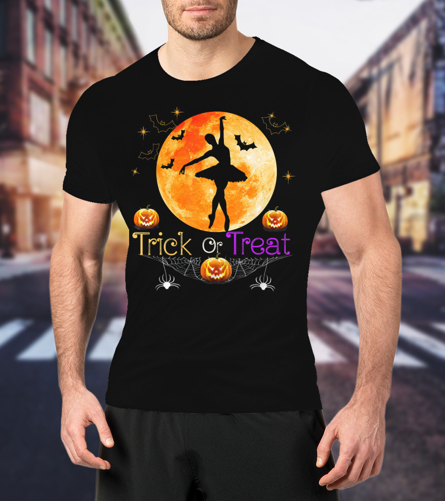 Trick Or Treat Ballerina Halloween Moon Pumpkins Bats Spiders T-Shirt