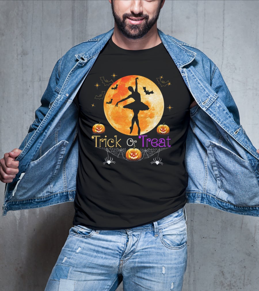 Trick Or Treat Ballerina Halloween Moon Pumpkins Bats Spiders T-Shirt