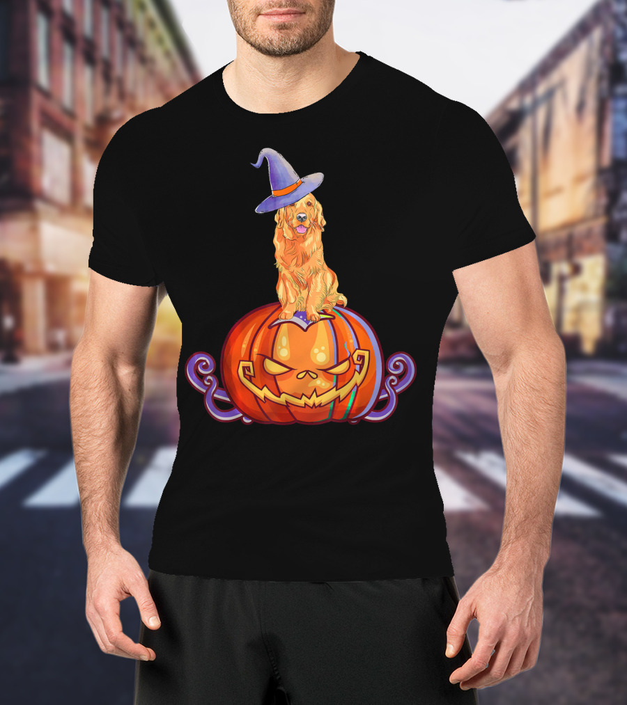 Golden Retriever Halloween Pumpkin Witch Hat T-Shirt