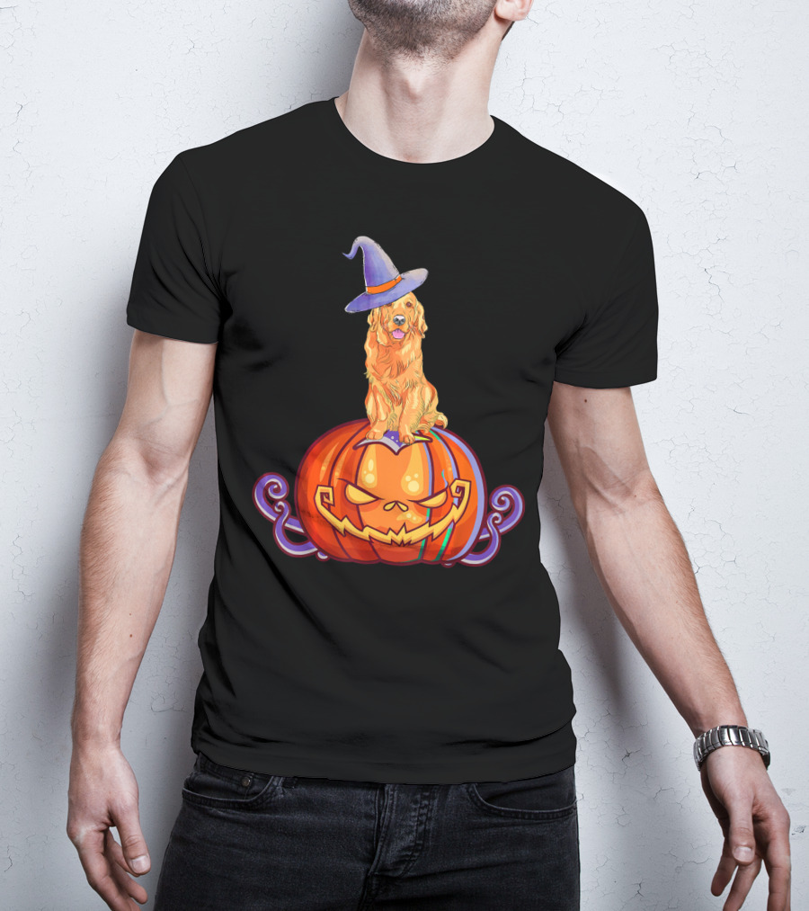 Golden Retriever Halloween Pumpkin Witch Hat T-Shirt