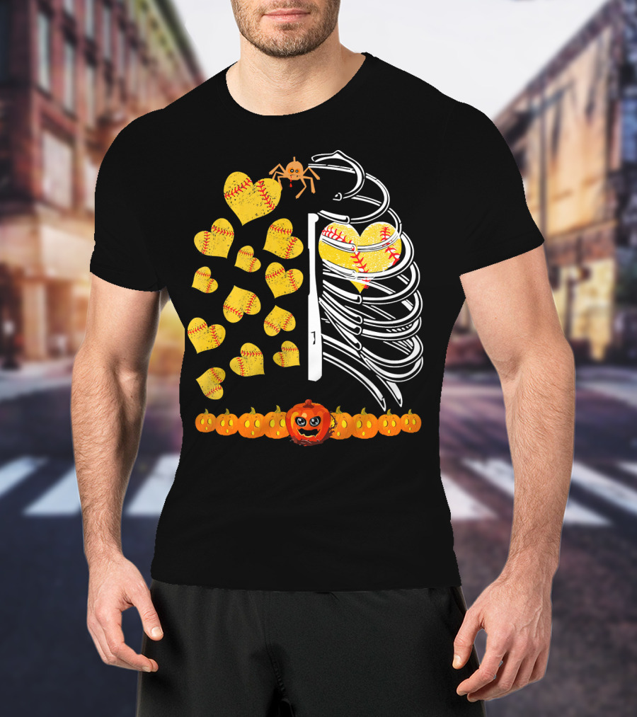 Funny Halloween Skeleton Softball Hearts Pumpkins Spider T-Shirt