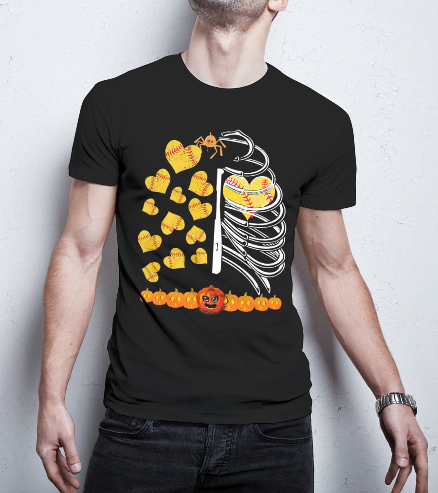 Funny Halloween Skeleton Softball Hearts Pumpkins Spider T-Shirt