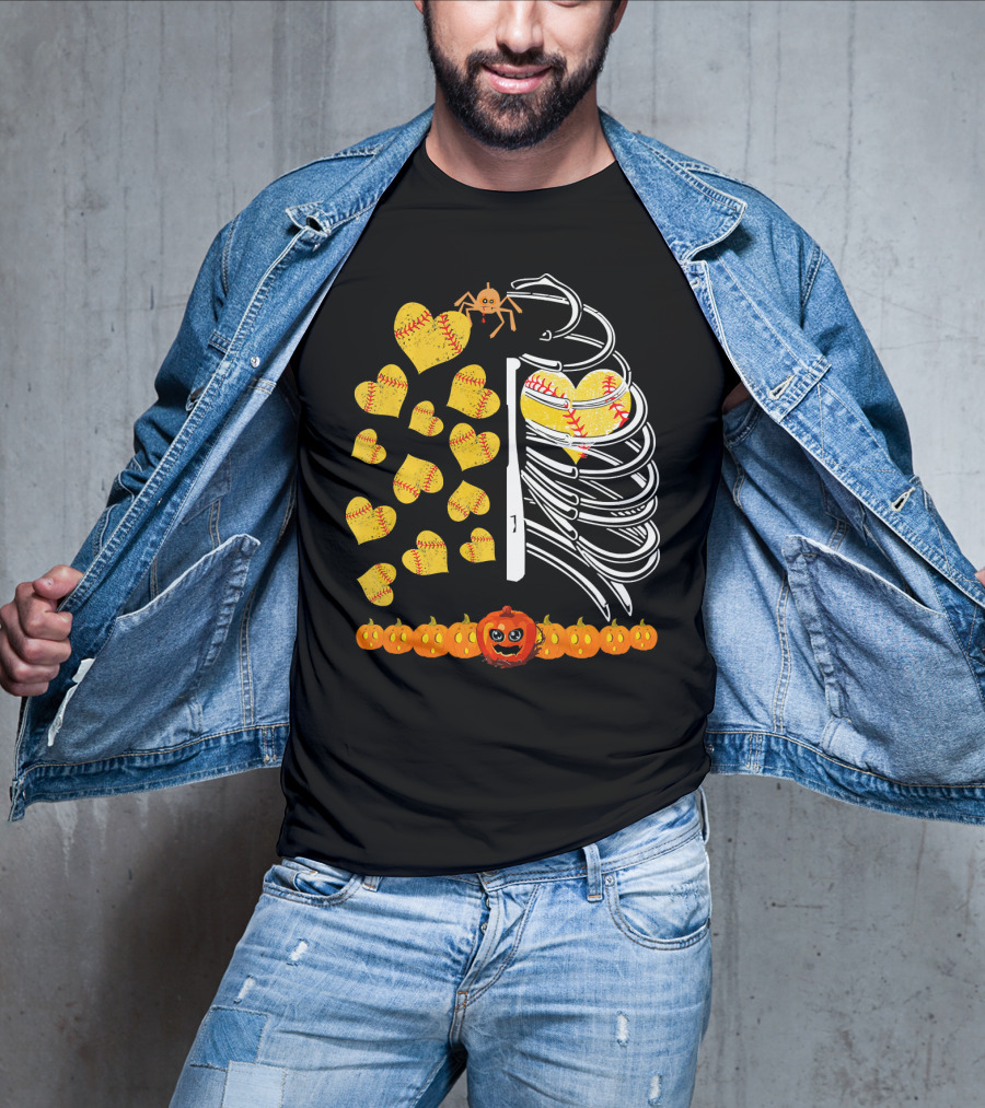 Funny Halloween Skeleton Softball Hearts Pumpkins Spider T-Shirt