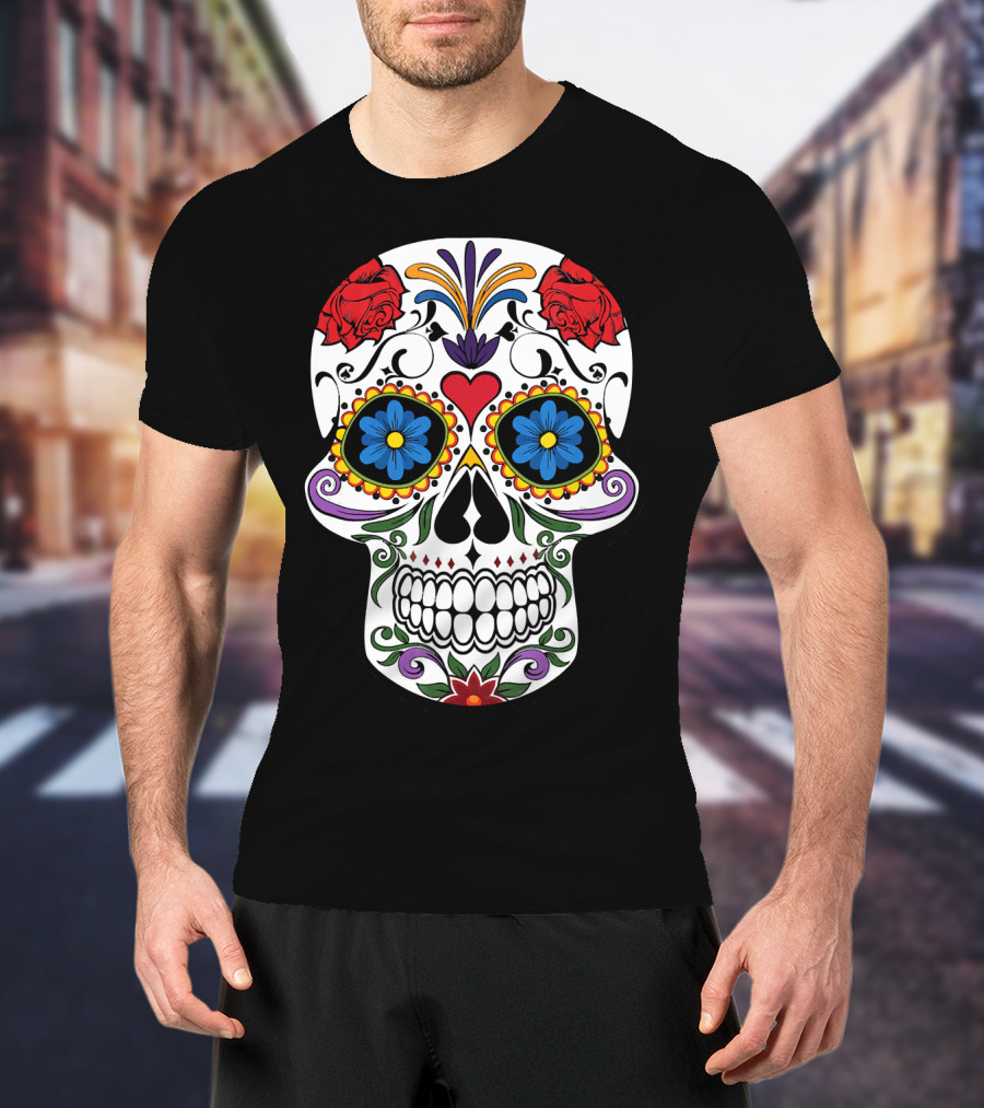 Day Of Dead Sugar Skull With Roses And Flowers T-Shirt