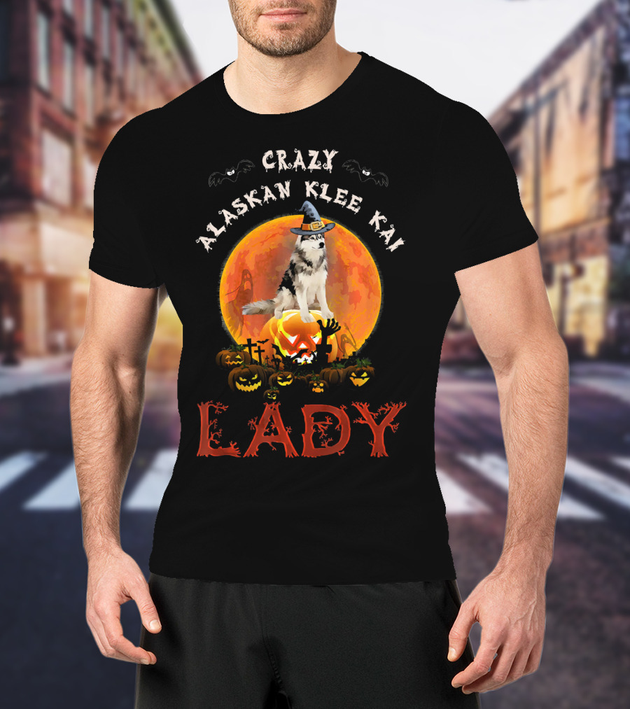 Crazy Alaskan Klee Kai Lady Halloween Moon Pumpkin Graveyard T-Shirt