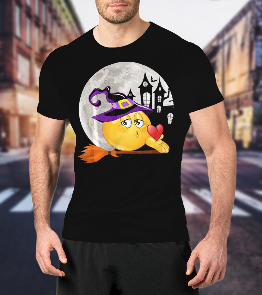 Kissing Face Emoji Witch Hat Broomstick With Heart In Front Of Spooky House And Full Moon T-Shirt