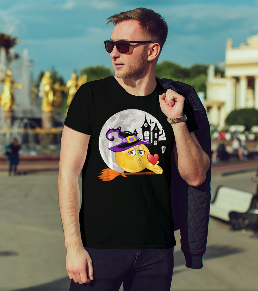 Kissing Face Emoji Witch Hat Broomstick With Heart In Front Of Spooky House And Full Moon T-Shirt