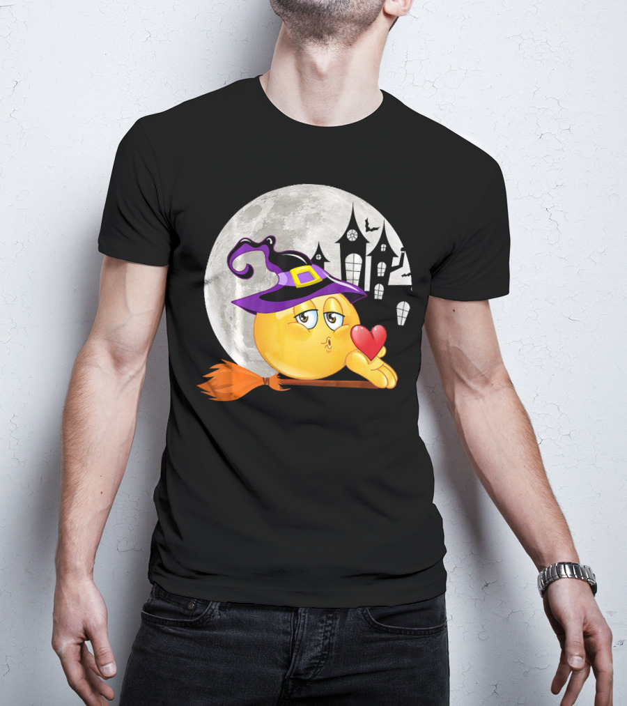 Kissing Face Emoji Witch Hat Broomstick With Heart In Front Of Spooky House And Full Moon T-Shirt