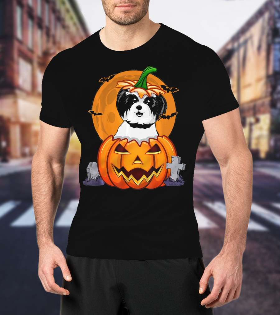 Funny Shih Tzu Pumpkin Halloween Moon Bats Graveyard T-Shirt