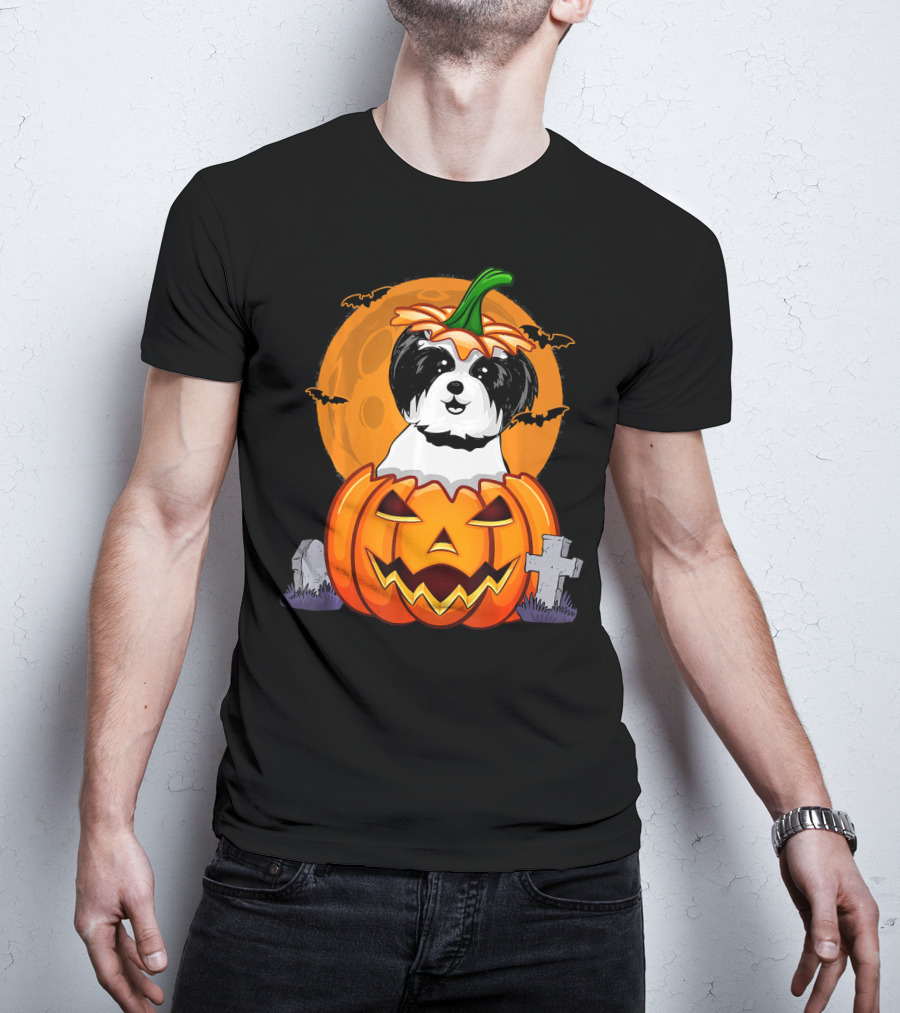 Funny Shih Tzu Pumpkin Halloween Moon Bats Graveyard T-Shirt